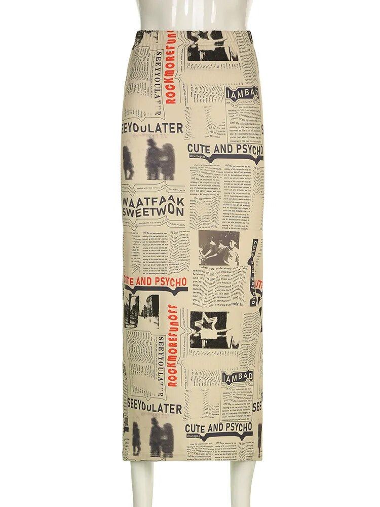 Lizakosht  Vintage Printed Long Skirt Women Y2k Grunge Green Cottagecore Low Waist Slim Straight Midi Skirt Girls 90s Aesthetic