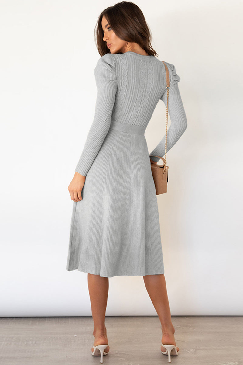 LIZAKOSHT  -  Round Neck Long Sleeve Tie Waist Sweater Dress