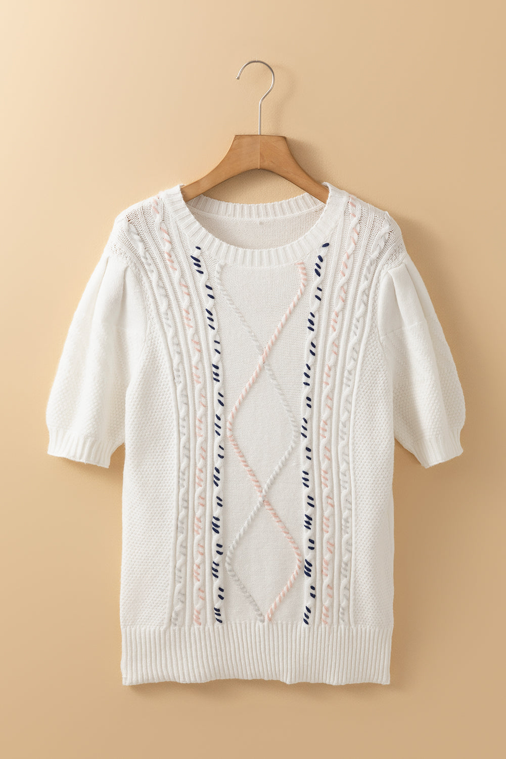 LIZAKOSHT  -  Cable Knit Round Neck Half Sleeve Sweater