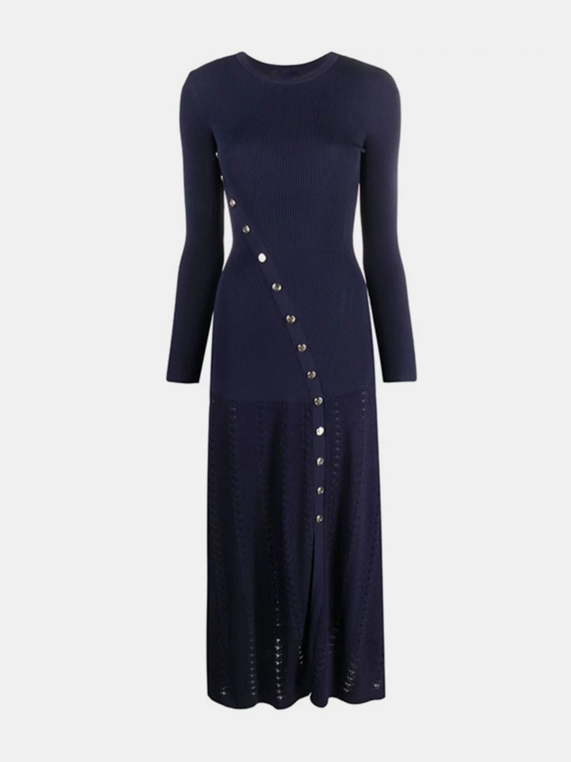 LIZAKOSHT  -  Openwork Round Neck Long Sleeve Sweater Dress