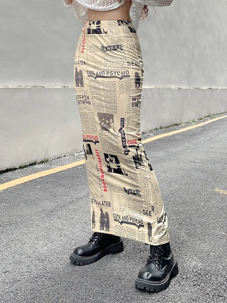 Lizakosht  Vintage Printed Long Skirt Women Y2k Grunge Green Cottagecore Low Waist Slim Straight Midi Skirt Girls 90s Aesthetic