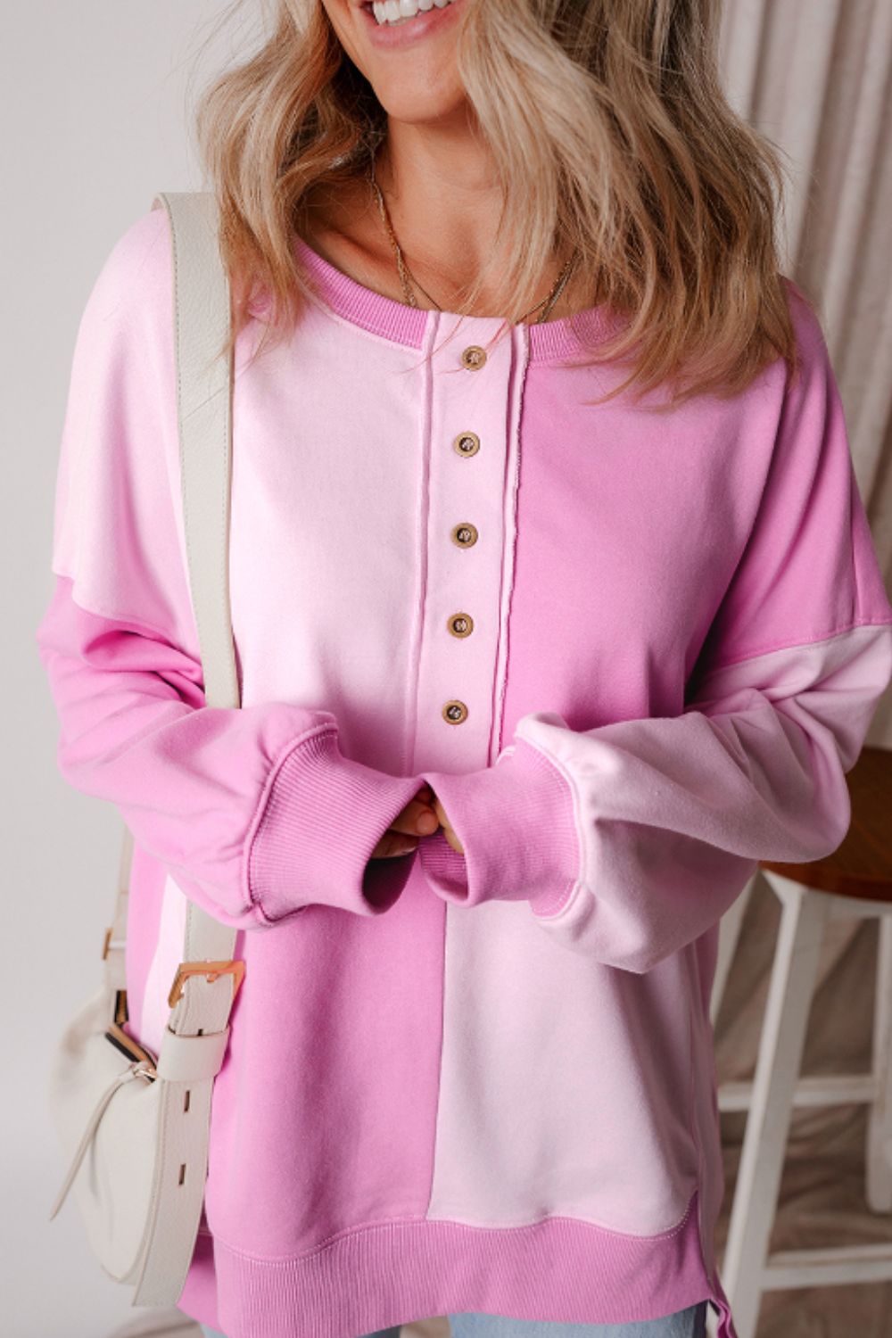 LIZAKOSHT  -  Color Block Half Button Long Sleeve Sweatshirt
