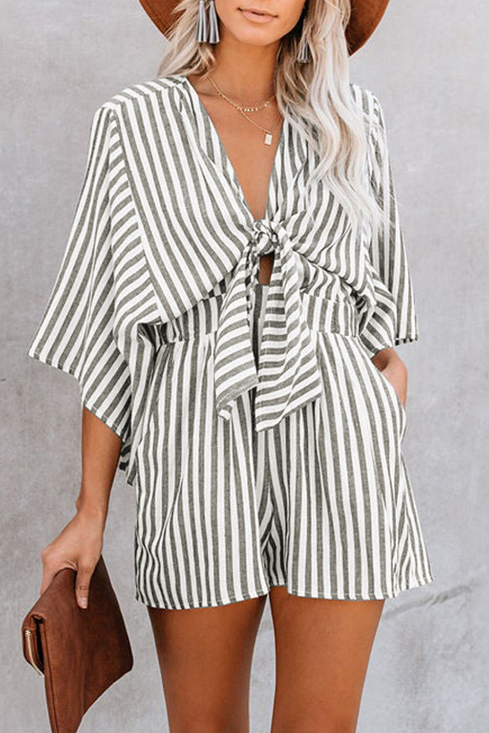 LIZAKOSHT  -  Bow Striped Kimono Sleeve Romper