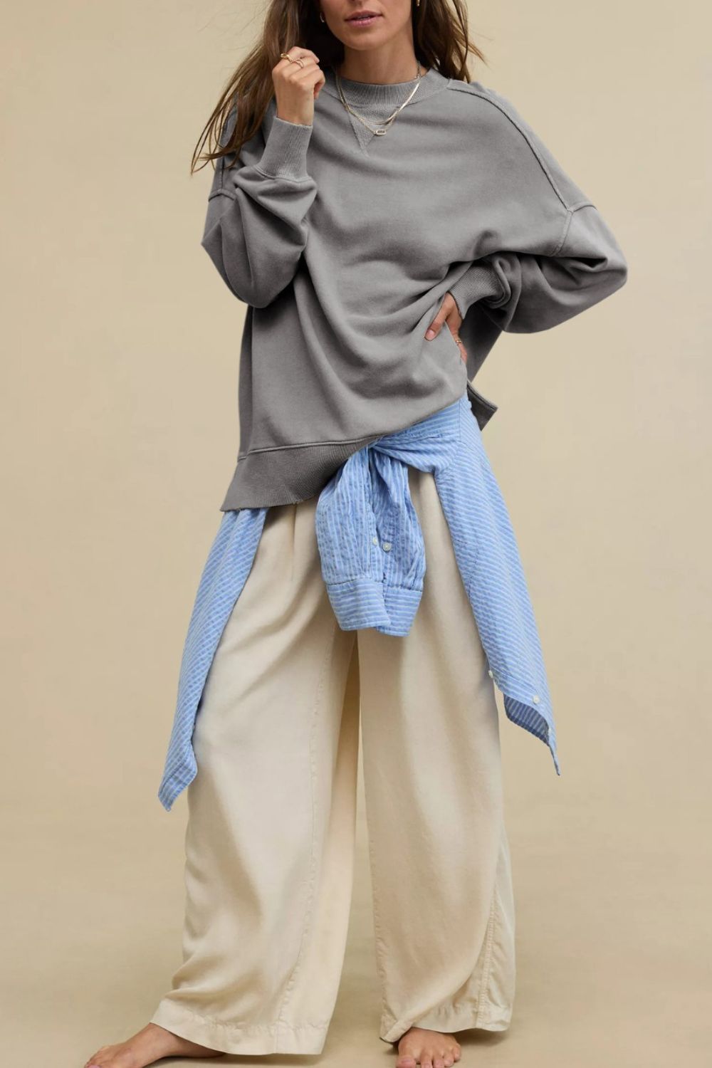 LIZAKOSHT  -  Side Slit Round Neck Long Sleeve Sweatshirt