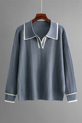 LIZAKOSHT  -  Contrast Trim Johnny Collar Top and Drawstring Pants Sweater Set