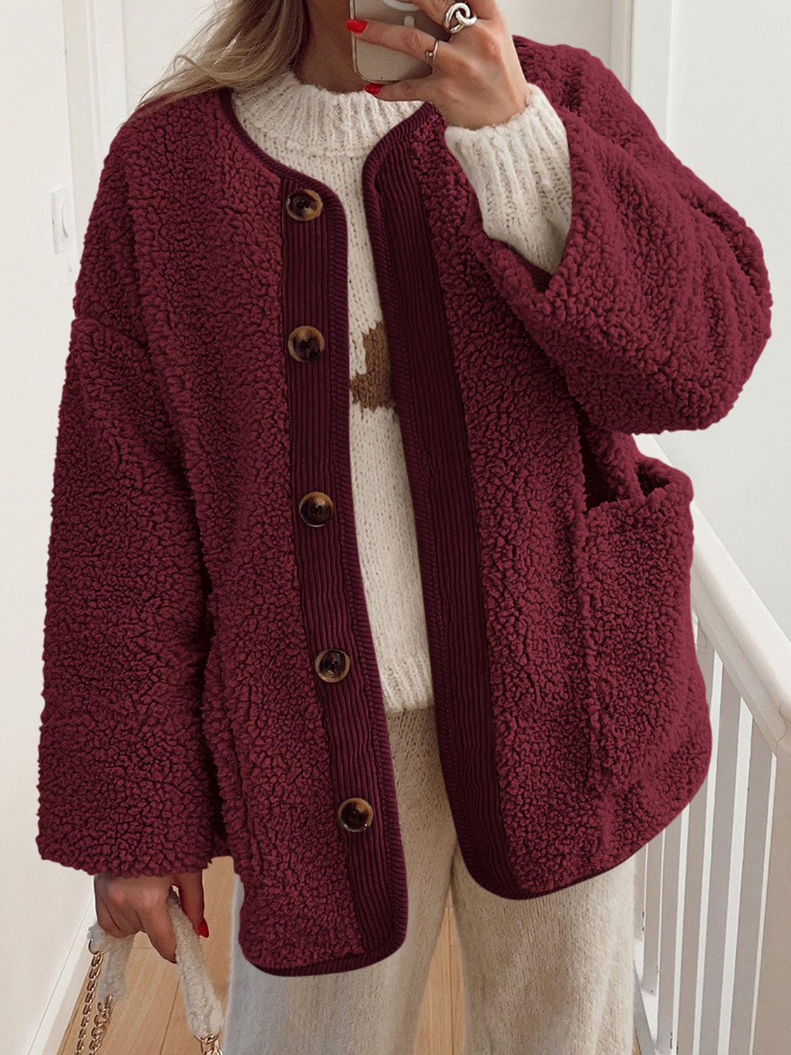 LIZAKOSHT  -  Contrast Button Up Sherpa Jacket with Pockets