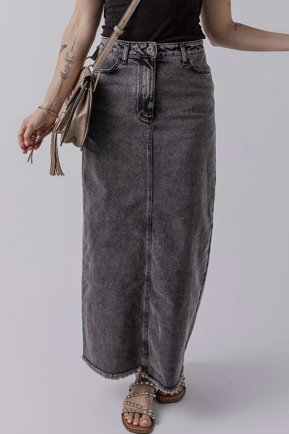 LIZAKOSHT  -  Raw Hem Midi Denim Skirt with Pockets
