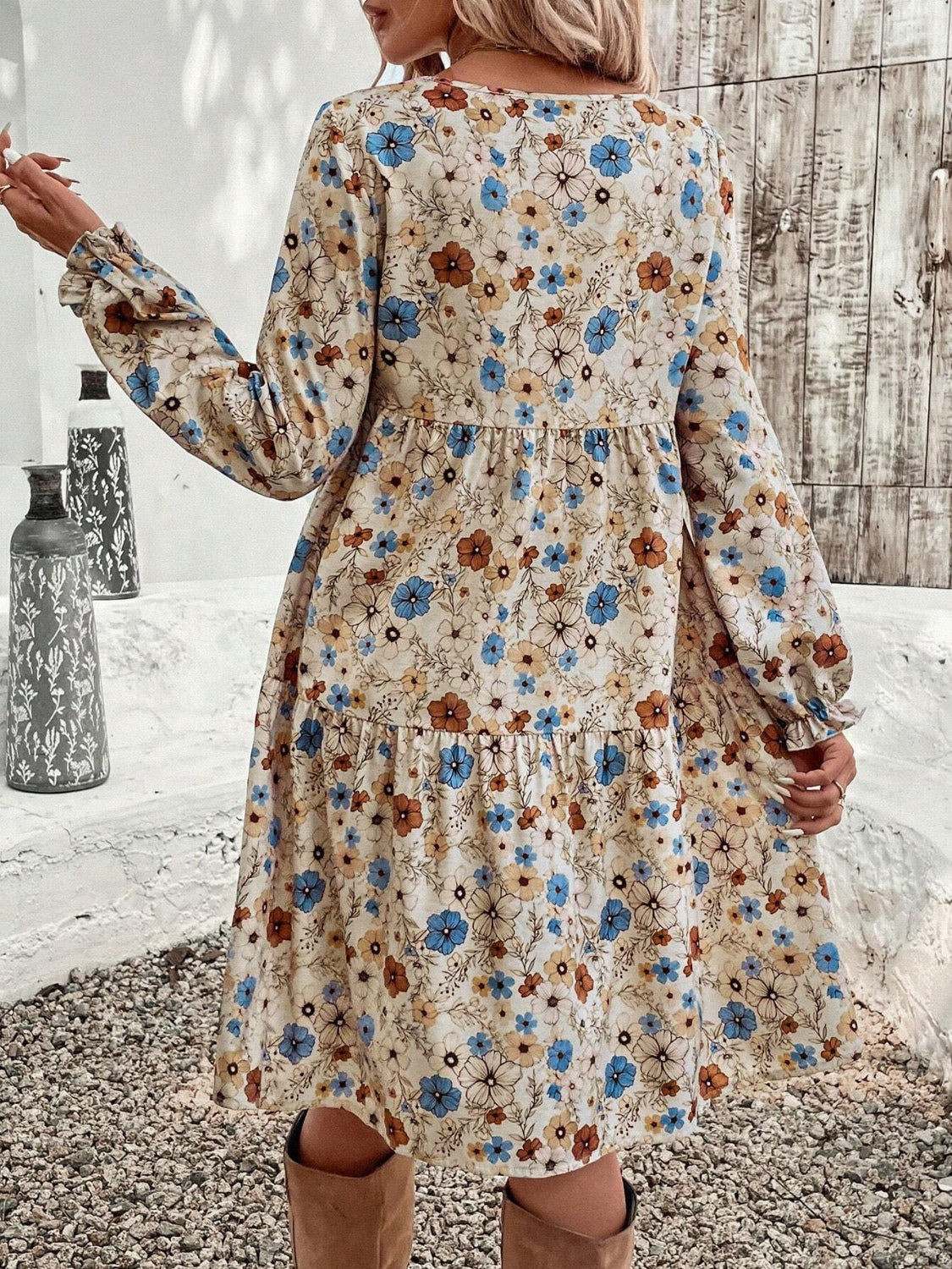 LIZAKOSHT  -  Tiered Floral Round Neck Long Sleeve Dress