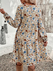 LIZAKOSHT  -  Tiered Floral Round Neck Long Sleeve Dress