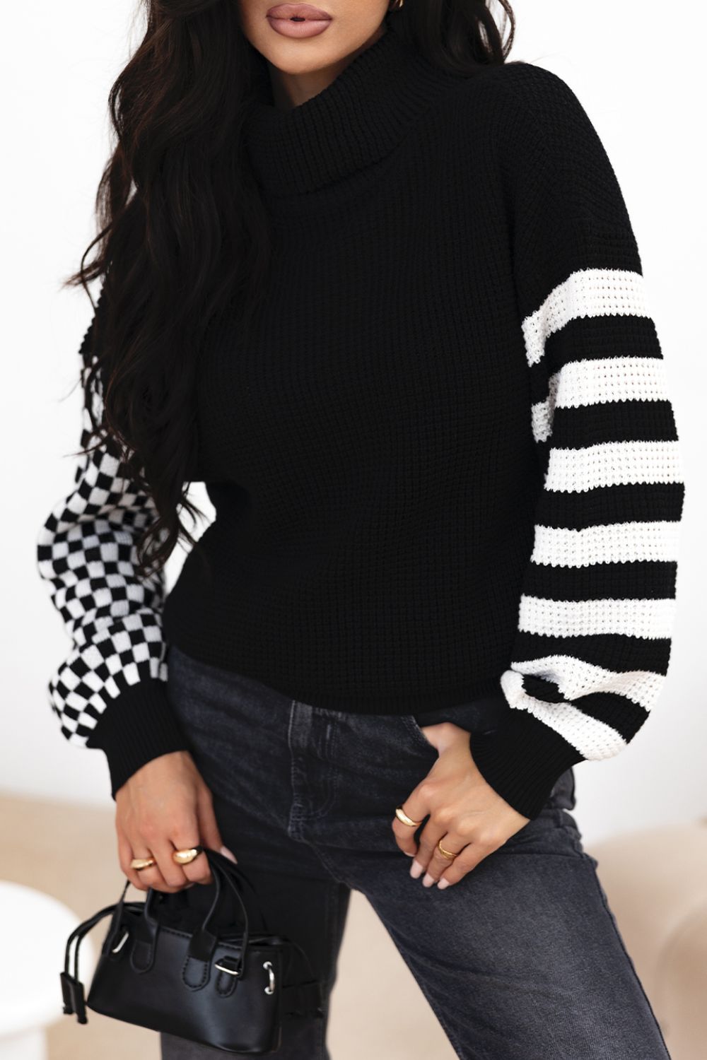 LIZAKOSHT  -  Striped & Checkered Turtleneck Dropped Shoulder Sweater
