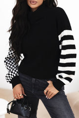 LIZAKOSHT  -  Striped & Checkered Turtleneck Dropped Shoulder Sweater