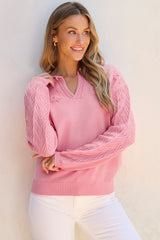 LIZAKOSHT  -  Daisy Notched Long Sleeve Sweater