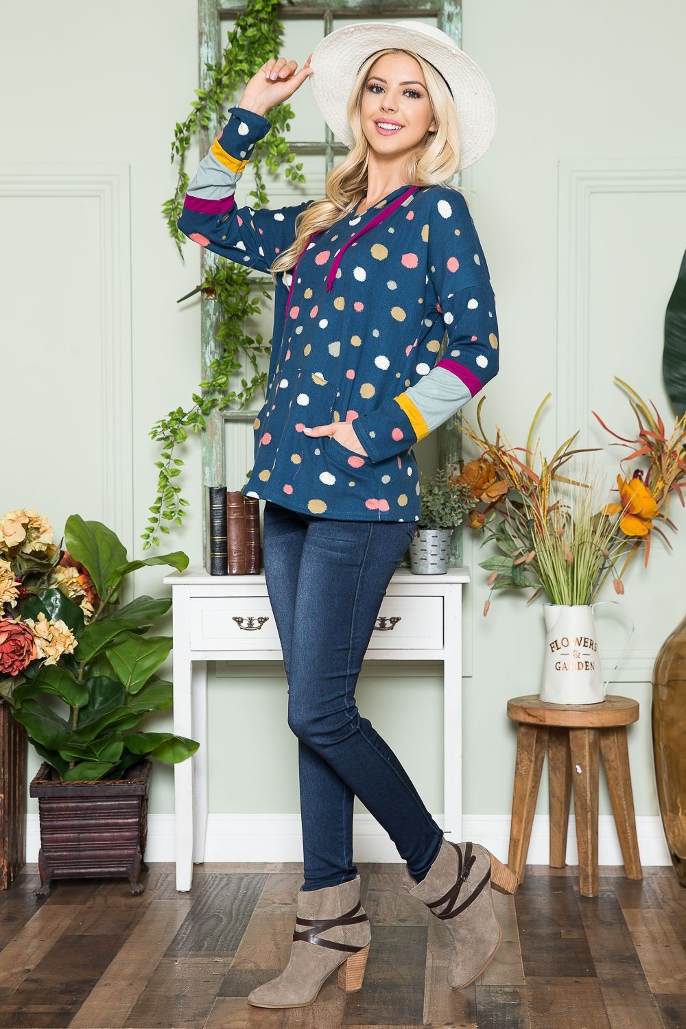 LIZAKOSHT  -  Full Size Polka Dot Drawstring Hoodie