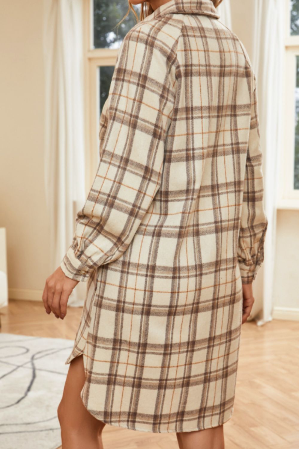 LIZAKOSHT  -  Plaid Collared Neck Long Sleeve Mini Shirt Dress