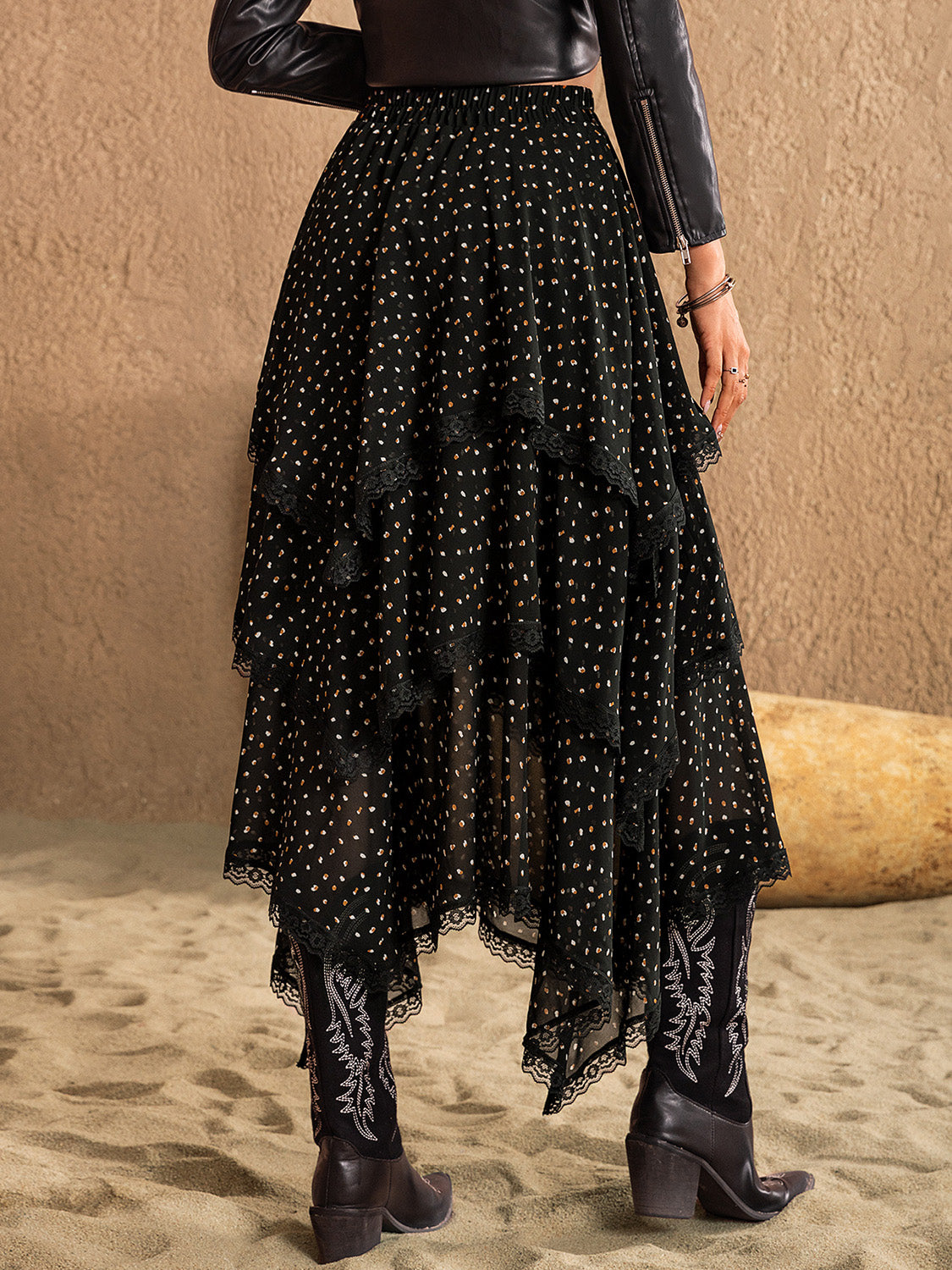 LIZAKOSHT  -  Lace Detail Layered Midi Skirt