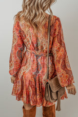 LIZAKOSHT  -  Tied Printed Balloon Sleeve Mini Dress