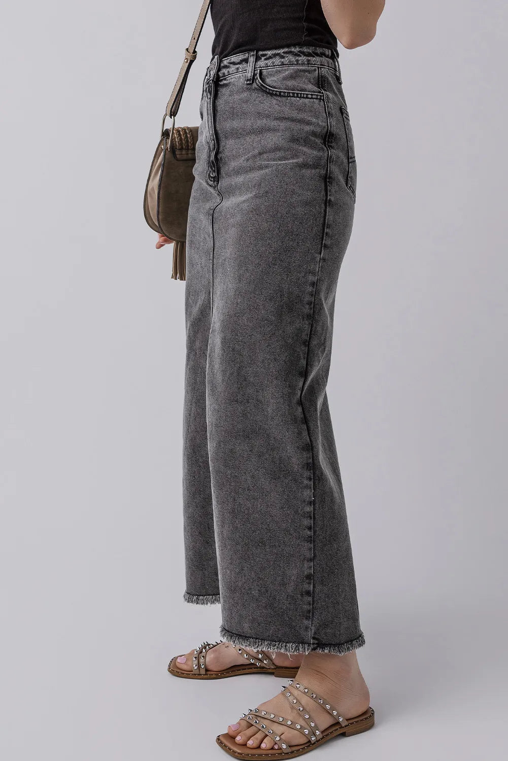LIZAKOSHT  -  Raw Hem Midi Denim Skirt with Pockets