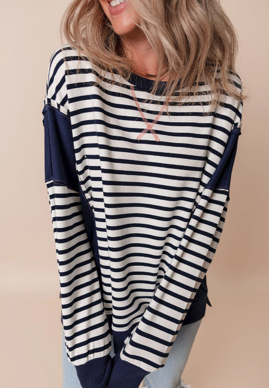 LIZAKOSHT  -  Exposed Seam Striped Long Sleeve Sweatshirt