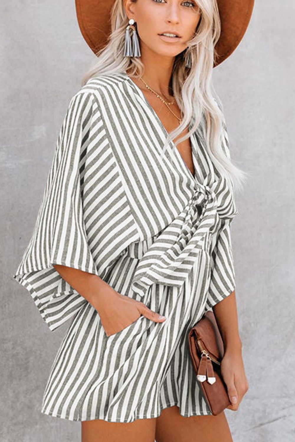 LIZAKOSHT  -  Bow Striped Kimono Sleeve Romper