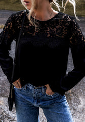 LIZAKOSHT  -  Lace Detail Round Neck Long Sleeve Blouse