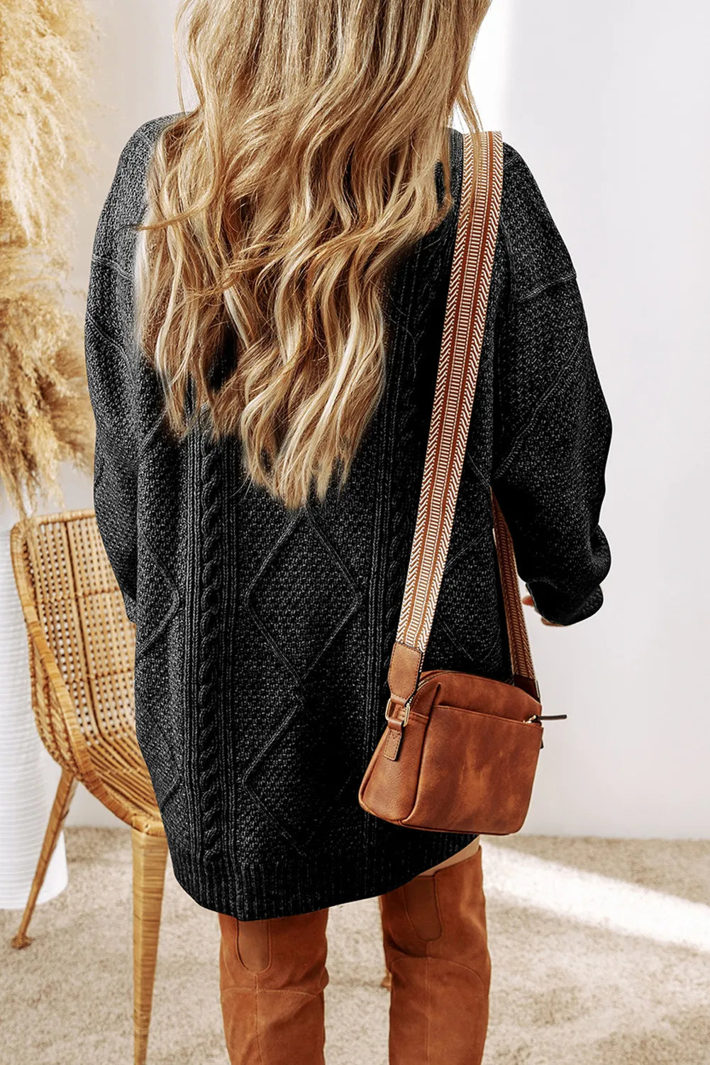 LIZAKOSHT  -  Cable-Knit Round Neck Sweater Dress