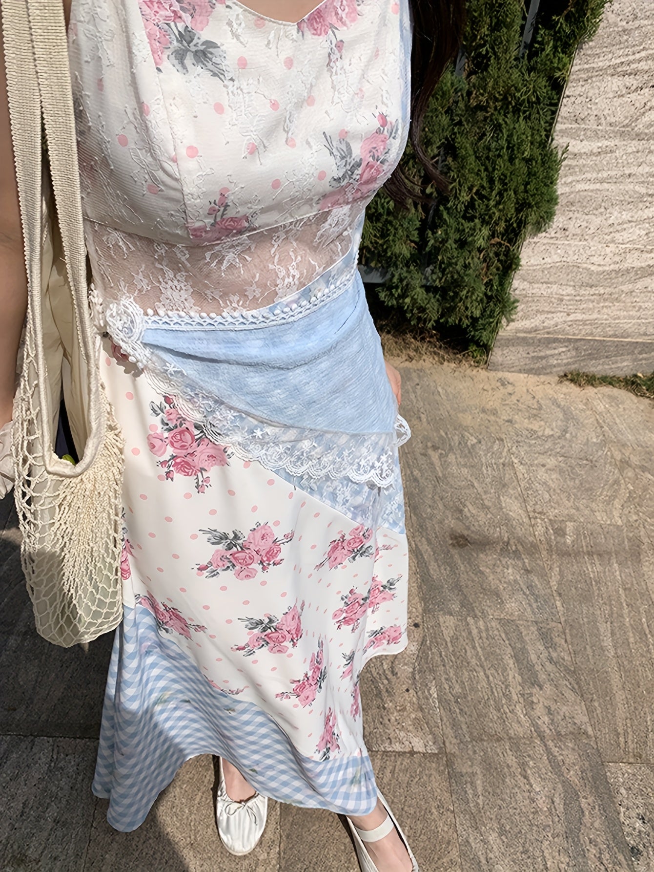 LIZAKOSHT  -  Women'S Vacation-Style Floral Check Dress with Lace Detail - Sleeveless, A-Line, Long Summer Dress for Adults, Lightweight Fabric, Perfect for Beach or Poolside, Beach Attire|Floral Print Dress|Lace Detailing, B