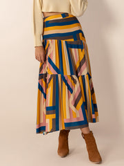 LIZAKOSHT  -  Ruched Elastic Waist Contrast Midi Skirt