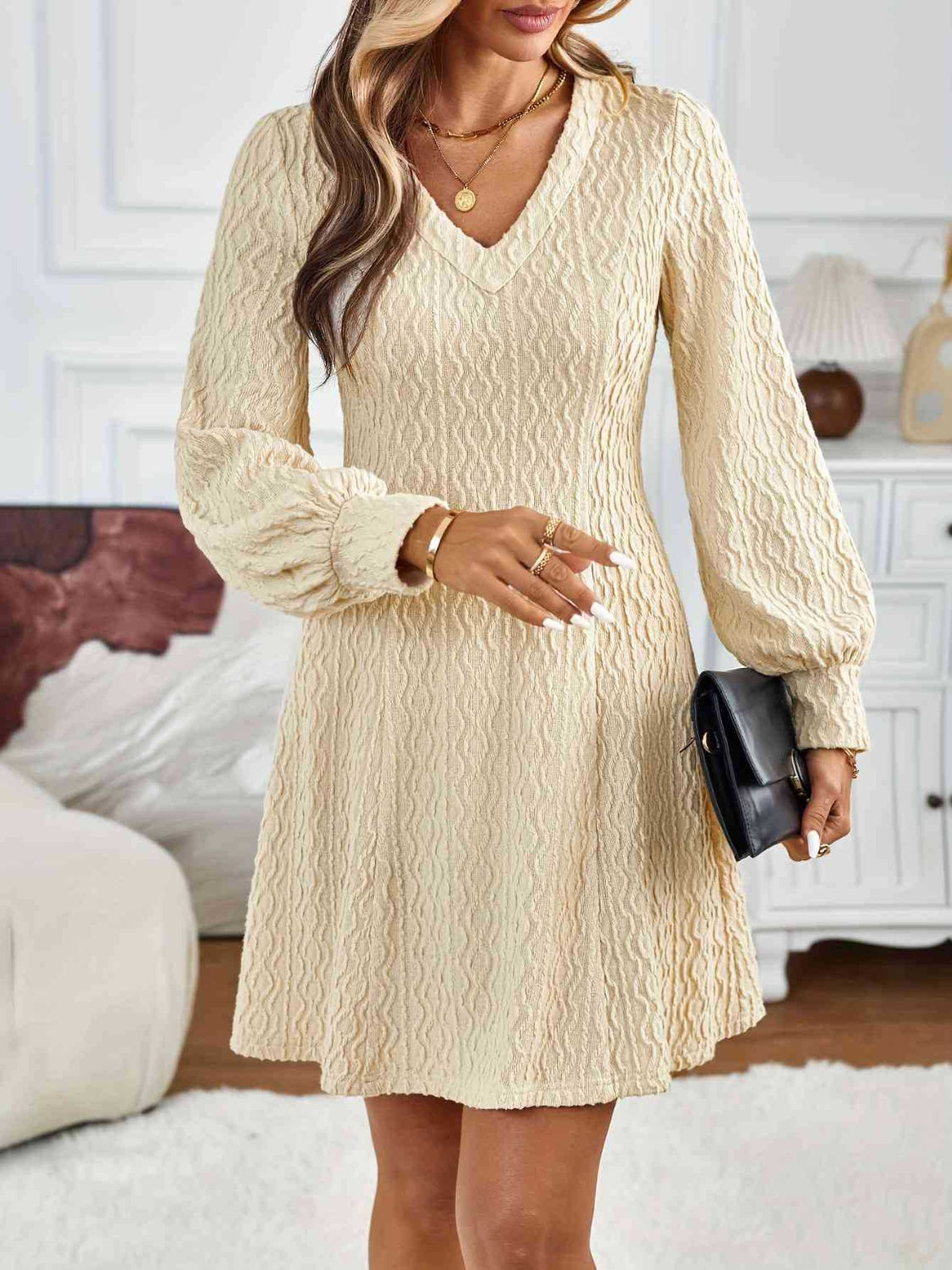 LIZAKOSHT  -  Lace Detail V-Neck Long Sleeve Dress