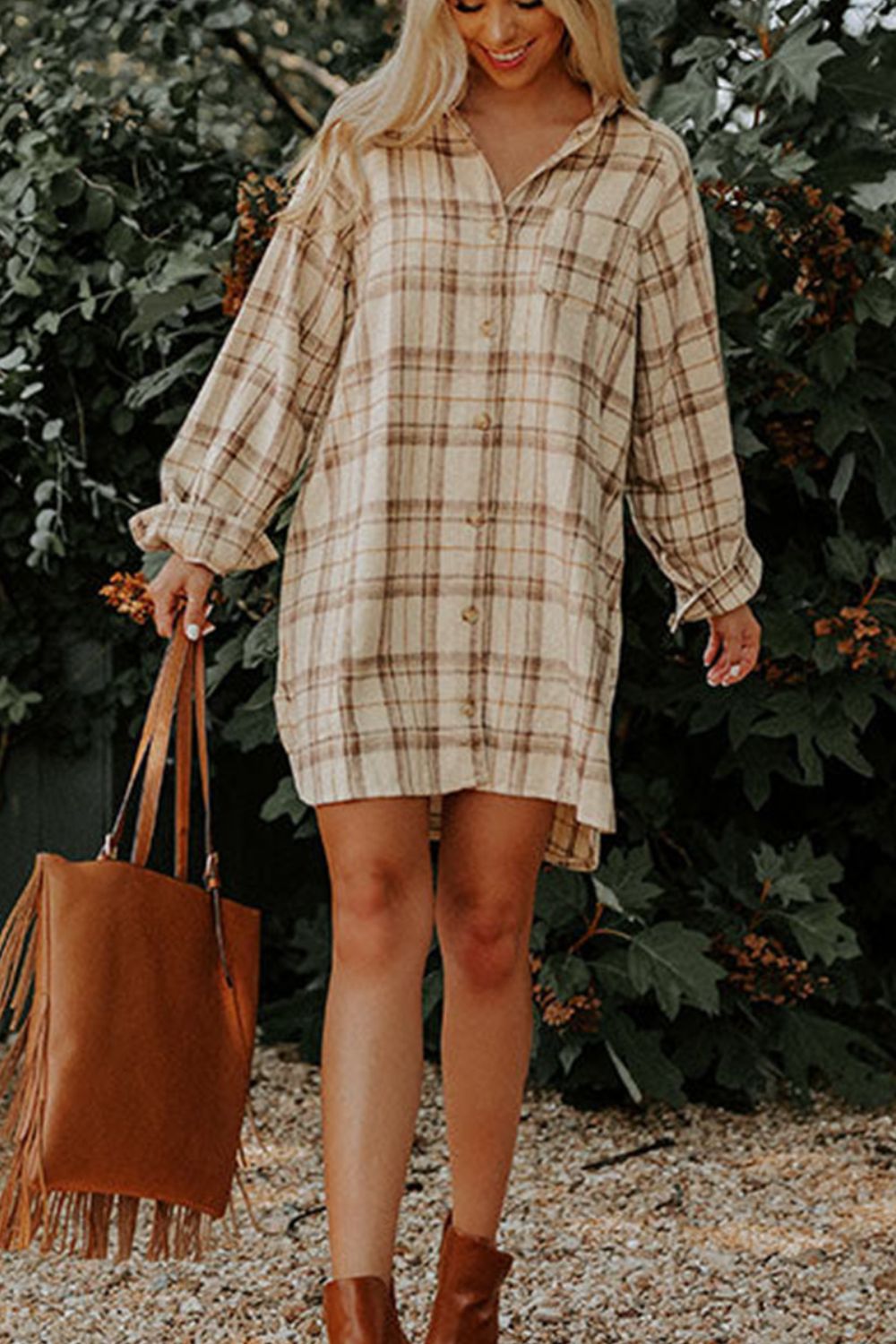 LIZAKOSHT  -  Plaid Collared Neck Long Sleeve Mini Shirt Dress