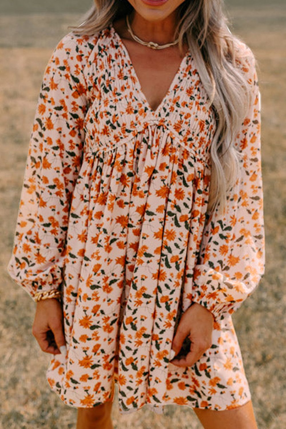 LIZAKOSHT  -  Smocked Printed V-Neck Long Sleeve Dress