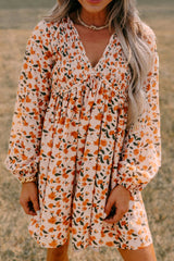 LIZAKOSHT  -  Smocked Printed V-Neck Long Sleeve Dress