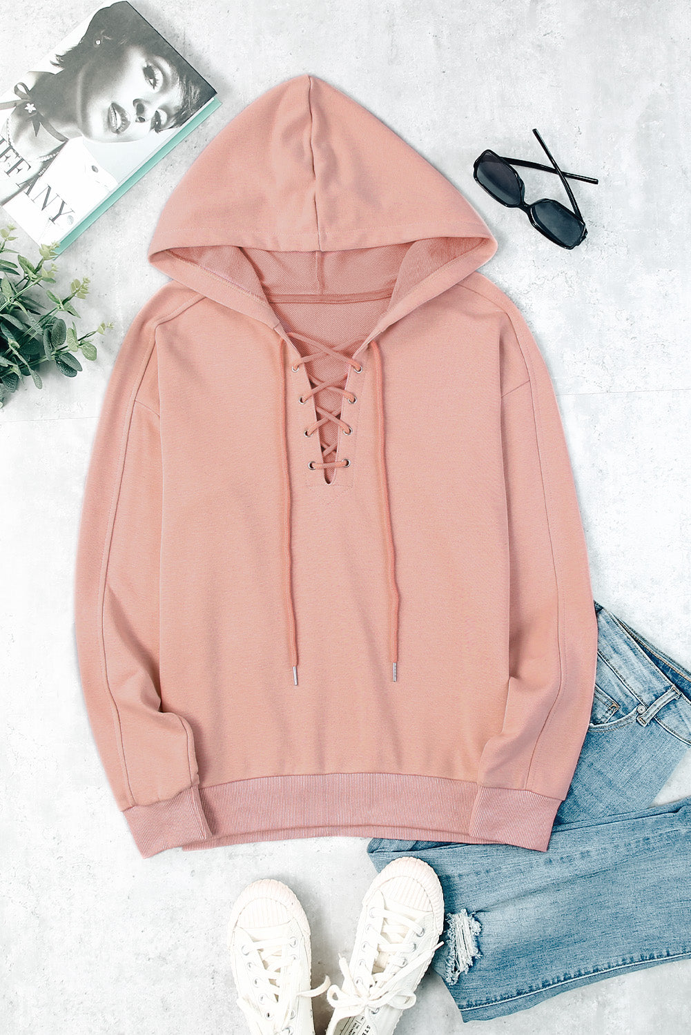 LIZAKOSHT  -  Lace Up Long Sleeve Hoodie