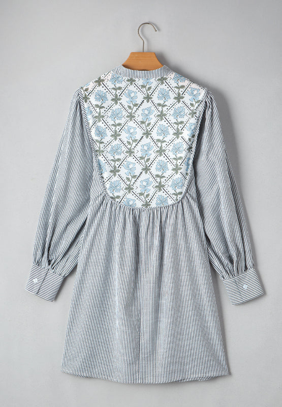 LIZAKOSHT  -  Tied Floral Printed Striped Long Sleeve Dress