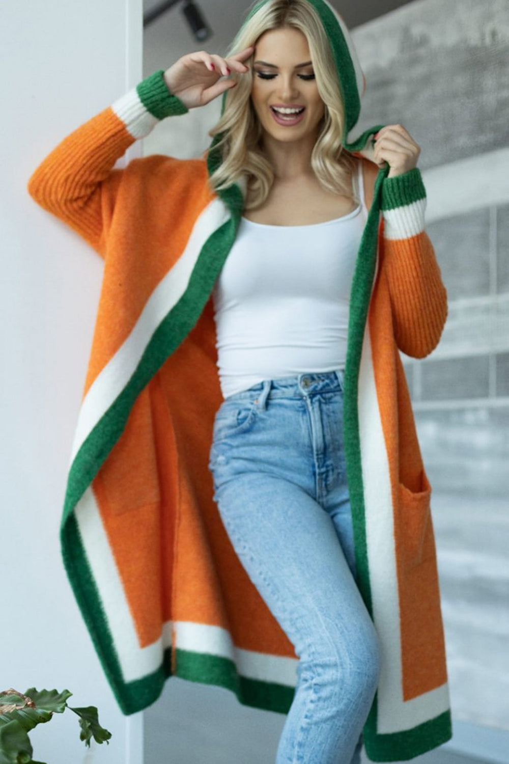 LIZAKOSHT  -  Pocketed Contrast Long Sleeve Hooded Cardigan