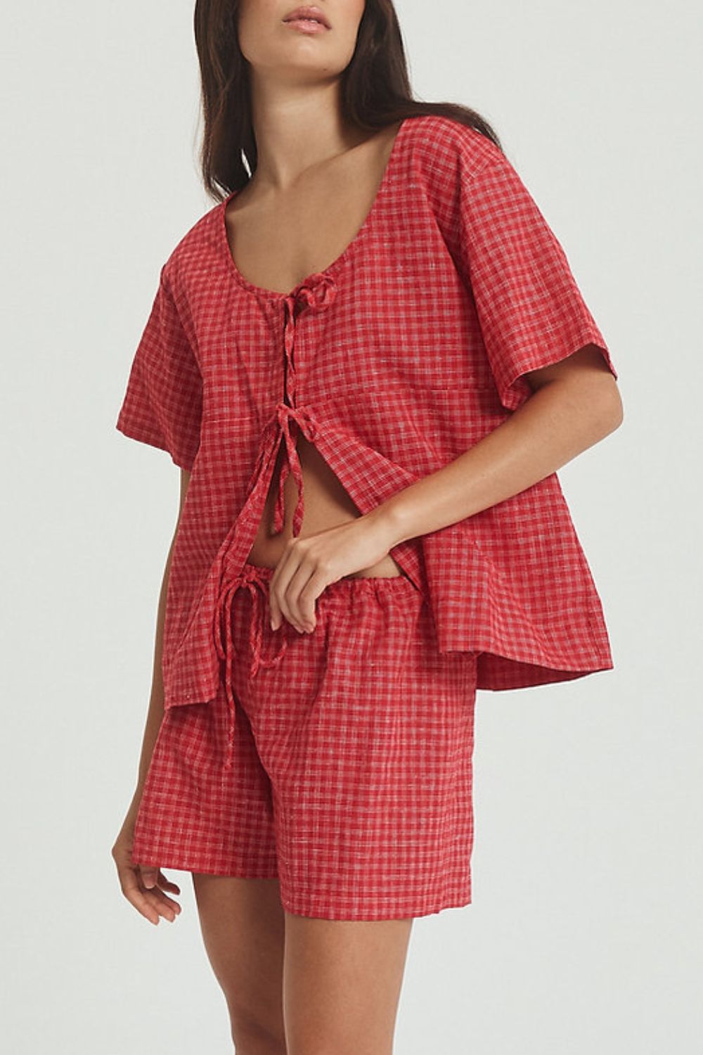 LIZAKOSHT  -  Plaid Tied Scoop Neck Short Sleeve Top and Drawstring Shorts Set