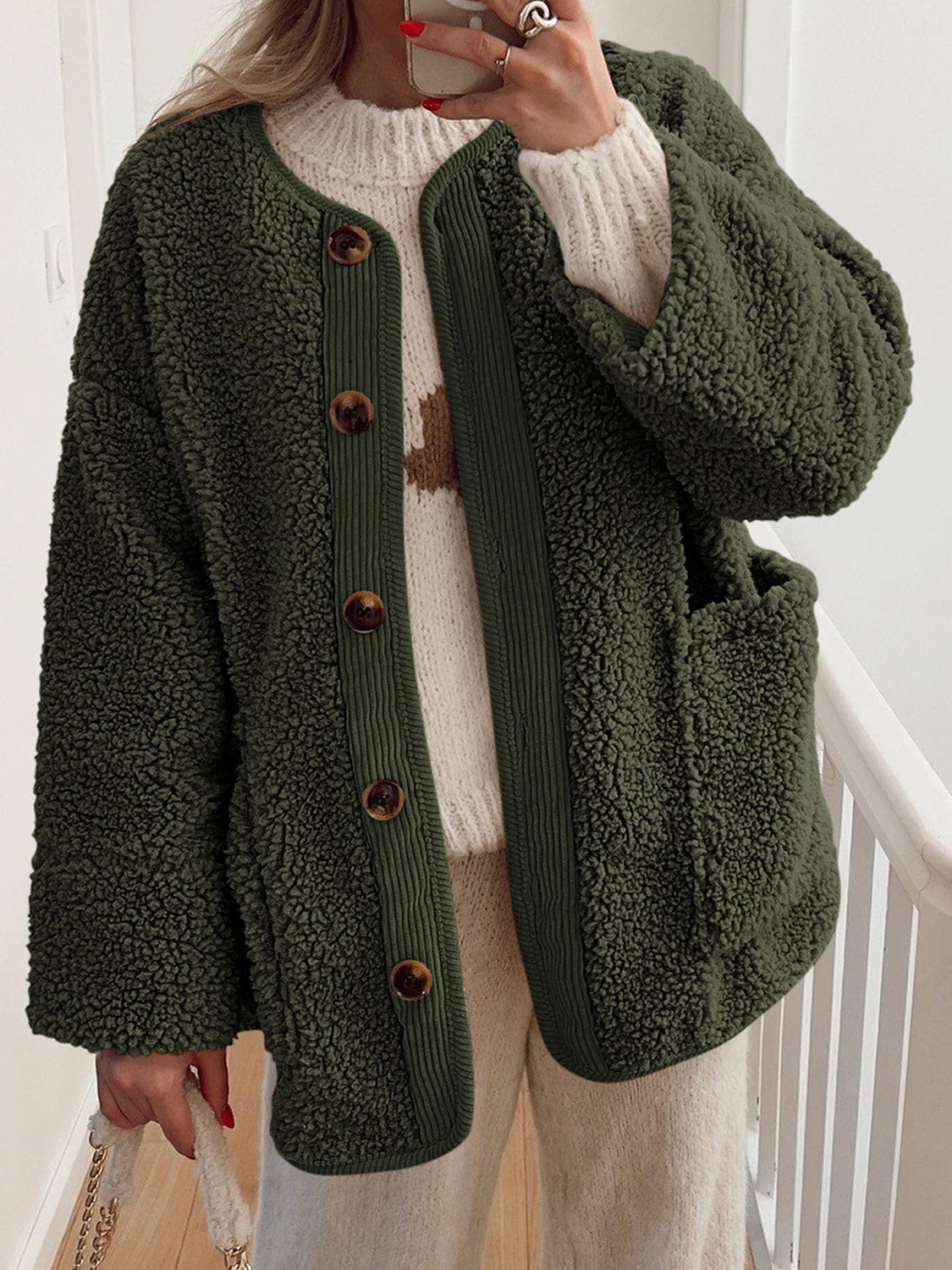 LIZAKOSHT  -  Contrast Button Up Sherpa Jacket with Pockets