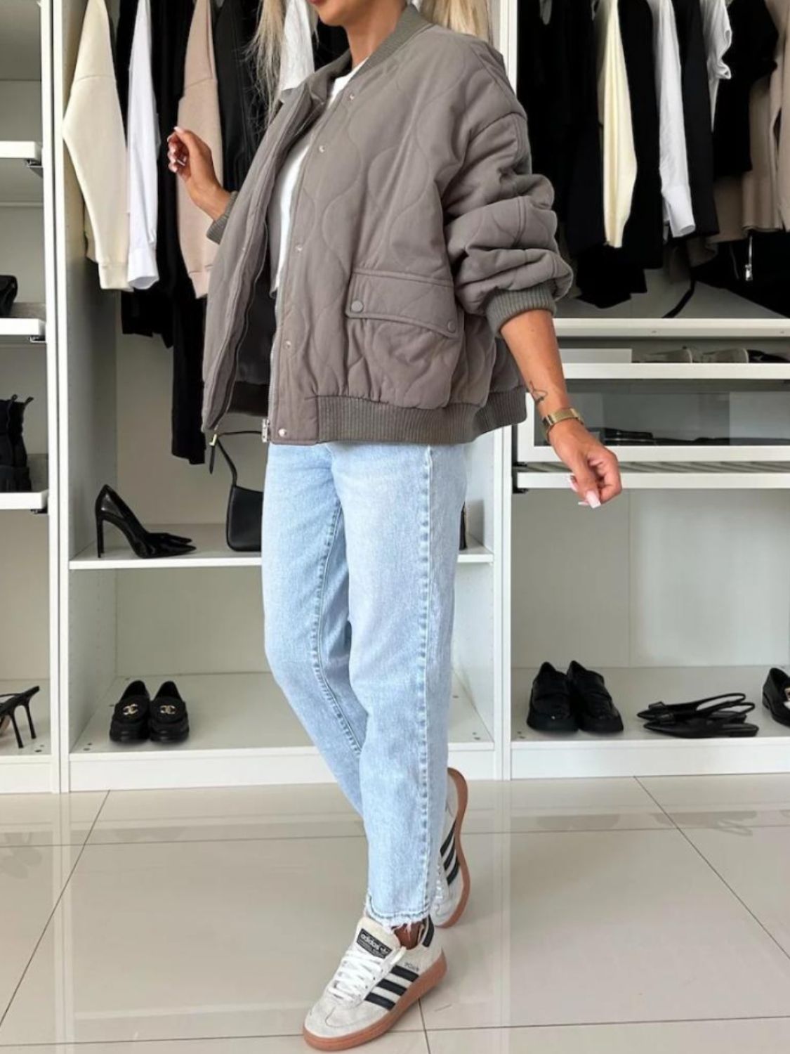 LIZAKOSHT  -  Baseball Collar Snap Down Long Sleeve Jacket