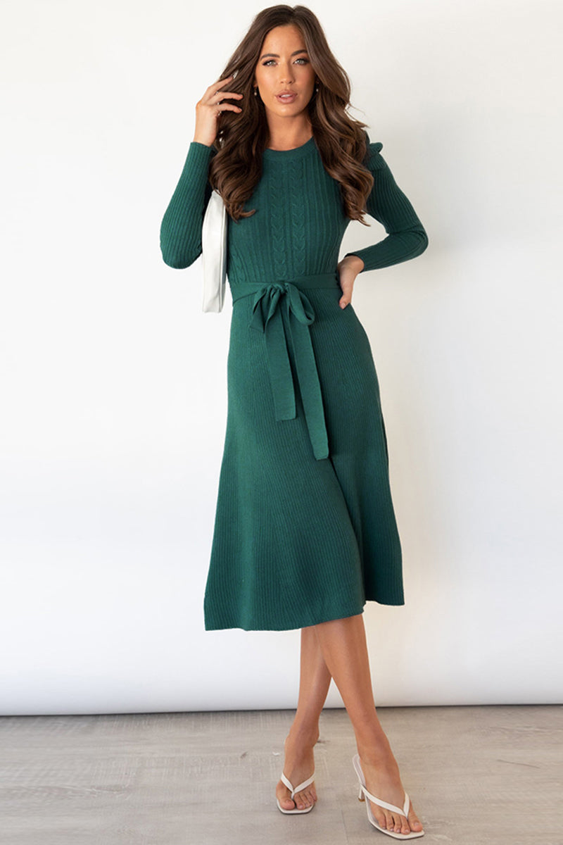 LIZAKOSHT  -  Round Neck Long Sleeve Tie Waist Sweater Dress