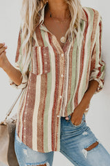 LIZAKOSHT  -  Striped Collared Neck Long Sleeve Shirt
