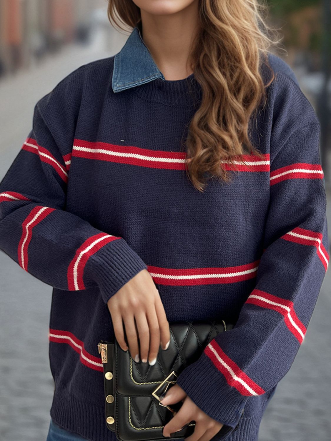 LIZAKOSHT  -  Contrast Stripes Round Neck Long Sleeve Sweater