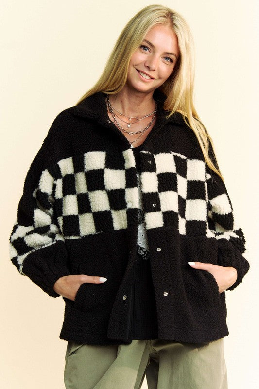LIZAKOSHT  -  Full Size Checkered Snap Down Faux Fur Jacket