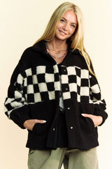 LIZAKOSHT  -  Full Size Checkered Snap Down Faux Fur Jacket
