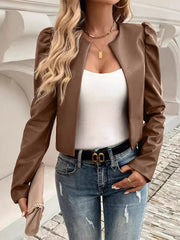 LIZAKOSHT  -  PU Leather Open Front Puff Sleeve Jacket