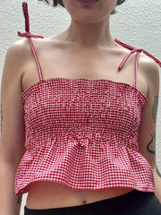 LIZAKOSHT  -  Y2K-Inspired Red & White Gingham Print Crop Camisole for Women - Sleeveless Tie-Strap Top with Ruffled Hem, Casual Streetwear & Clubwear, Machine Washable Polyester, Club Fashion Top | Offshoulder Camisole | Pol