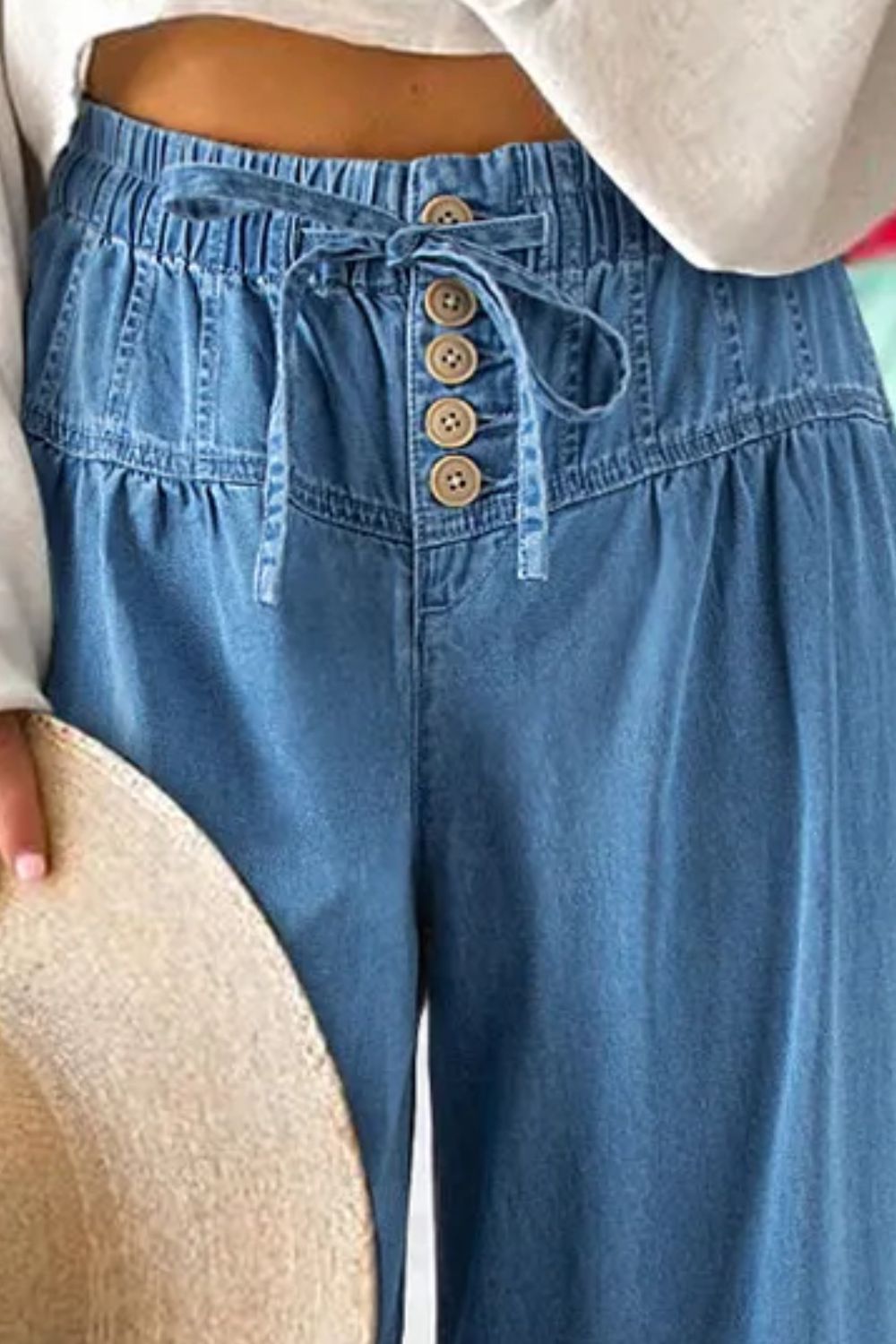LIZAKOSHT  -  Drawstring Elastic Waist Wide Leg Jeans