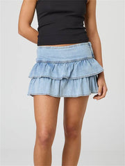 LIZAKOSHT  -  Women's Y2K-Inspired Low-Rise Ruffle Denim Mini Skirt - A-Line Cut, Light Wash Blue, Casual Tiered Hem, Machine Washable, Perfect for Spring/Summer, Spring Fashion | Tiered Hem Skirt | Polyester Denim, Denim Ski