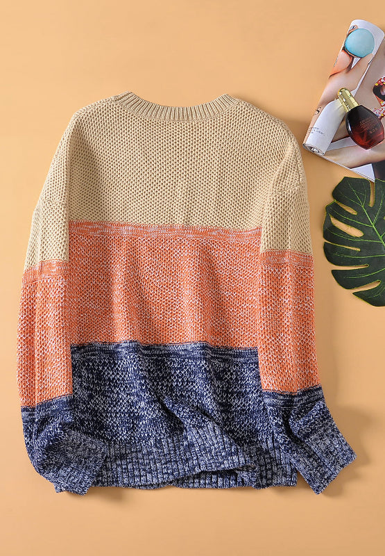 LIZAKOSHT  -  Color Block Round Neck Long Sleeve Sweater