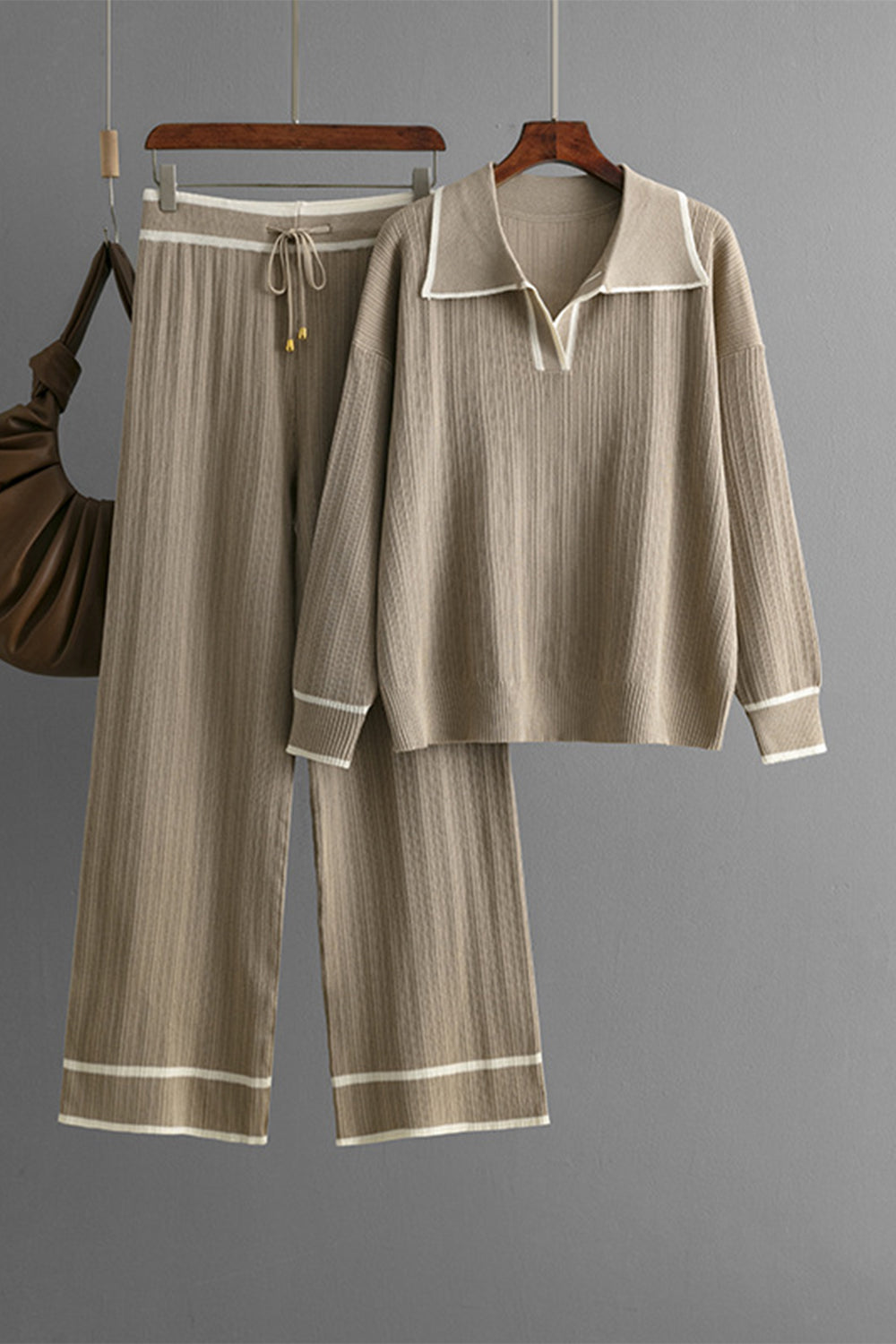 LIZAKOSHT  -  Contrast Trim Johnny Collar Top and Drawstring Pants Sweater Set