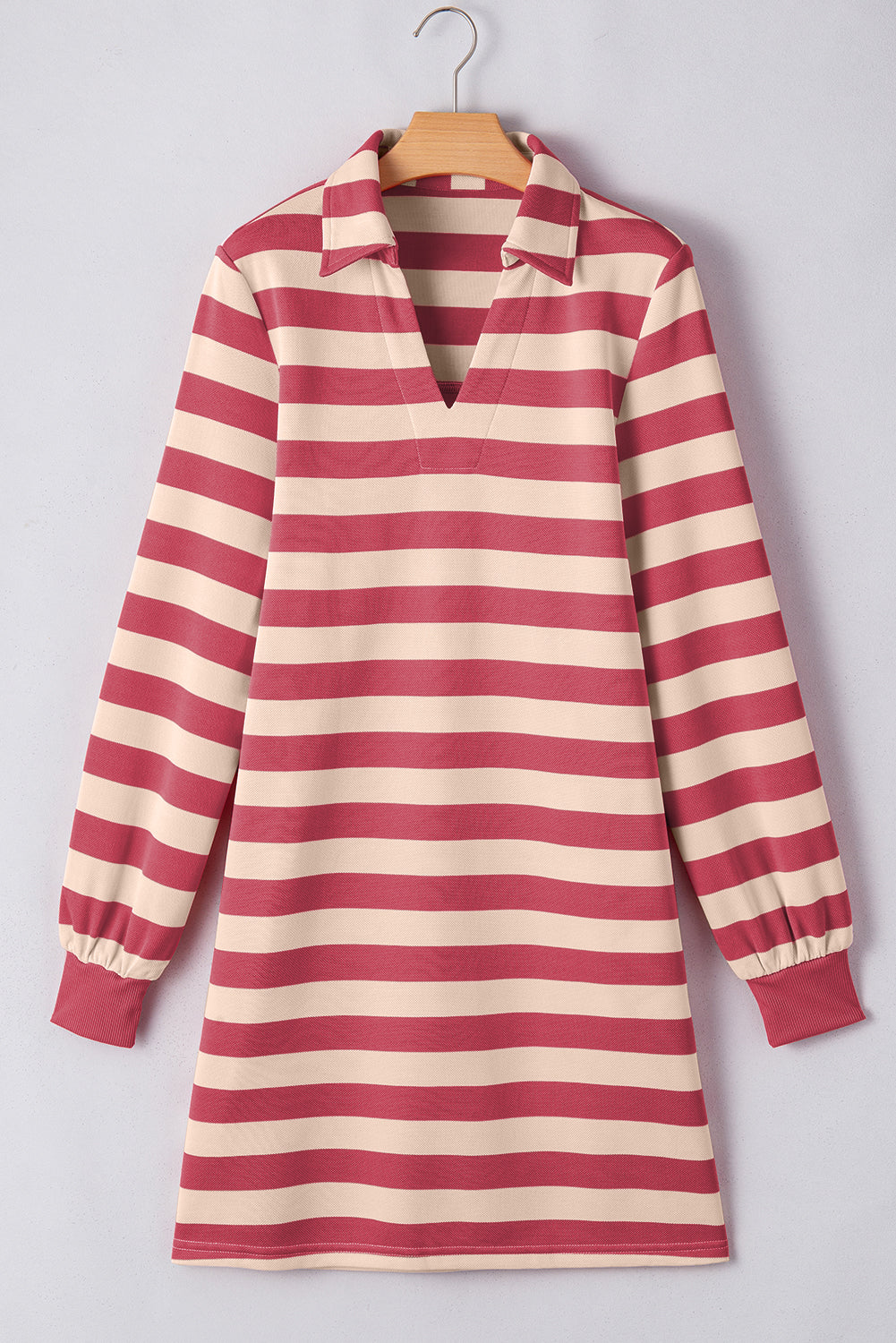 LIZAKOSHT  -  Contrast Striped Johnny Collar Long Sleeve Mini Dress