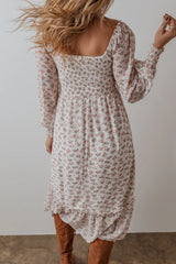 LIZAKOSHT  -  Smocked Floral Square Neck Long Sleeve Midi Dress